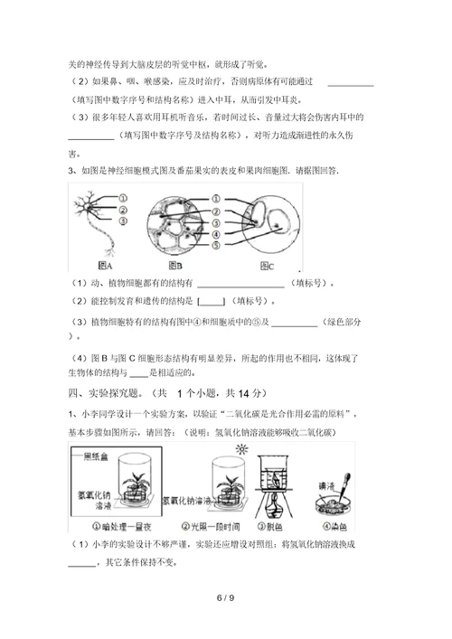 2021年苏教版九年级生物上册期末考试题【及答案】