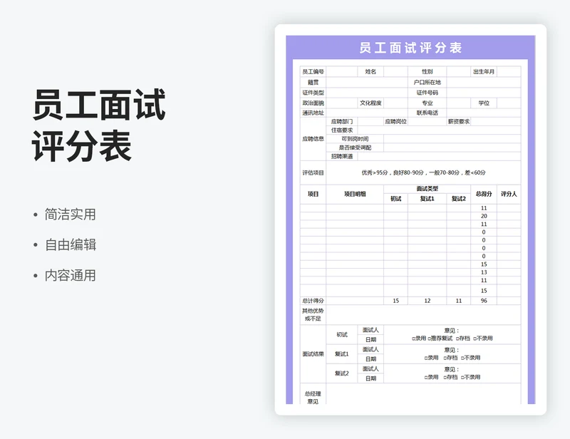 员工面试评分表