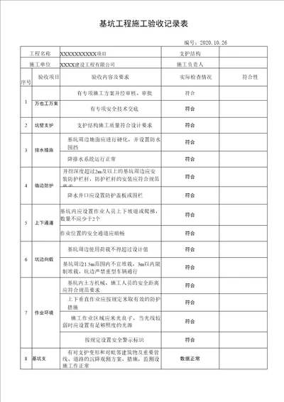 基坑工程施工验收记录表