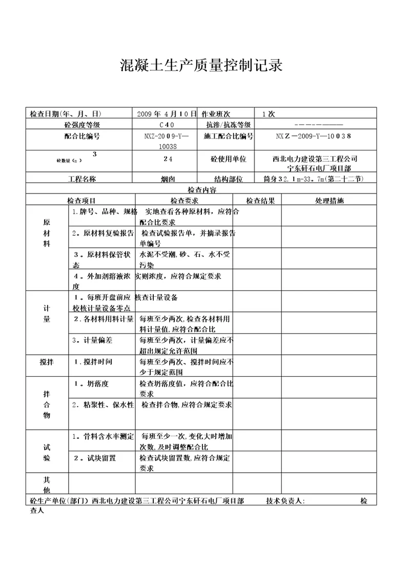 混凝土生产质量控制记录