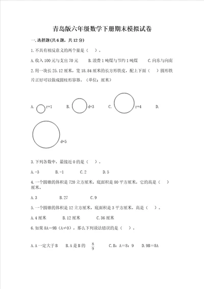 青岛版六年级数学下册期末模拟试卷带解析答案