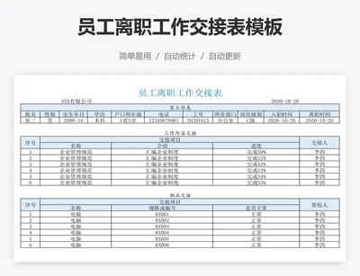 员工离职工作交接表模板