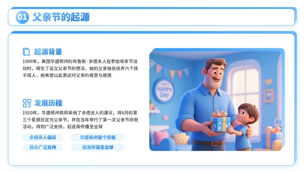 蓝色3D卡通父亲节社区活动亲子互动与家庭和谐PPT模板