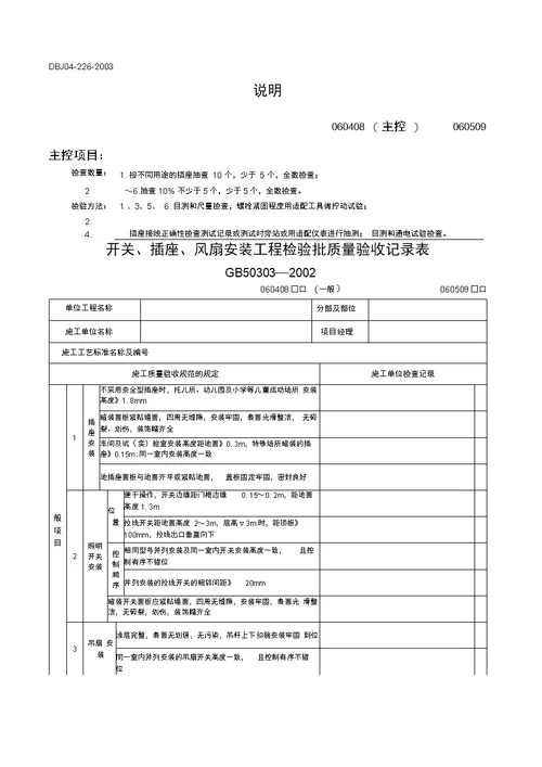 开关、插座、风扇安装工程检验批质量验收记录表