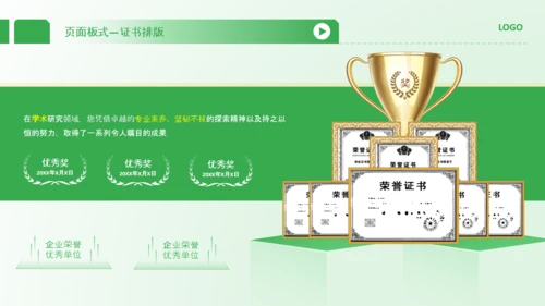 绿色商务证书奖状排版PPT版式合集