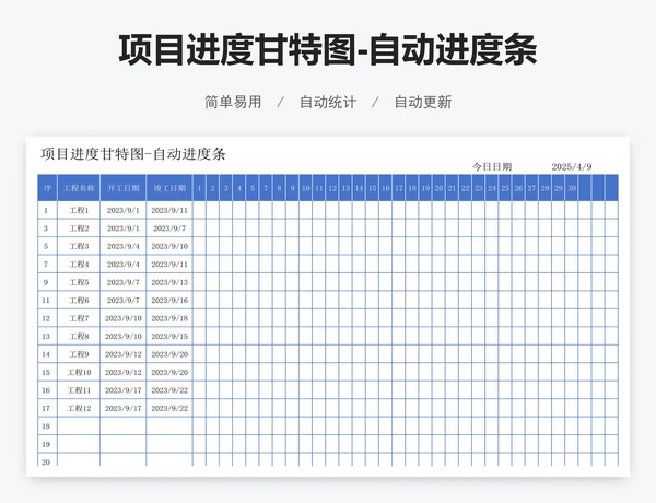 项目进度甘特图-自动进度条