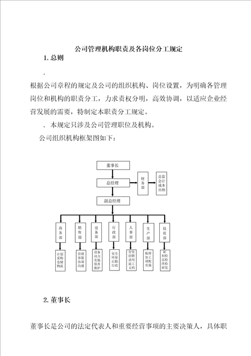 公司管理机构职责分工规定精编