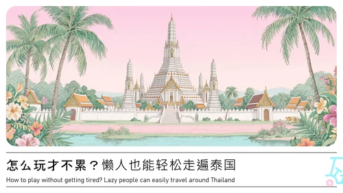 蓝粉色插画风泰国旅游攻略PPT模板