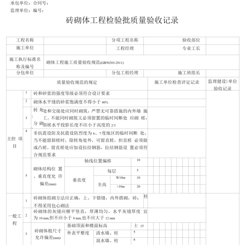 砖砌体工程检验批质量验收记录表.docx