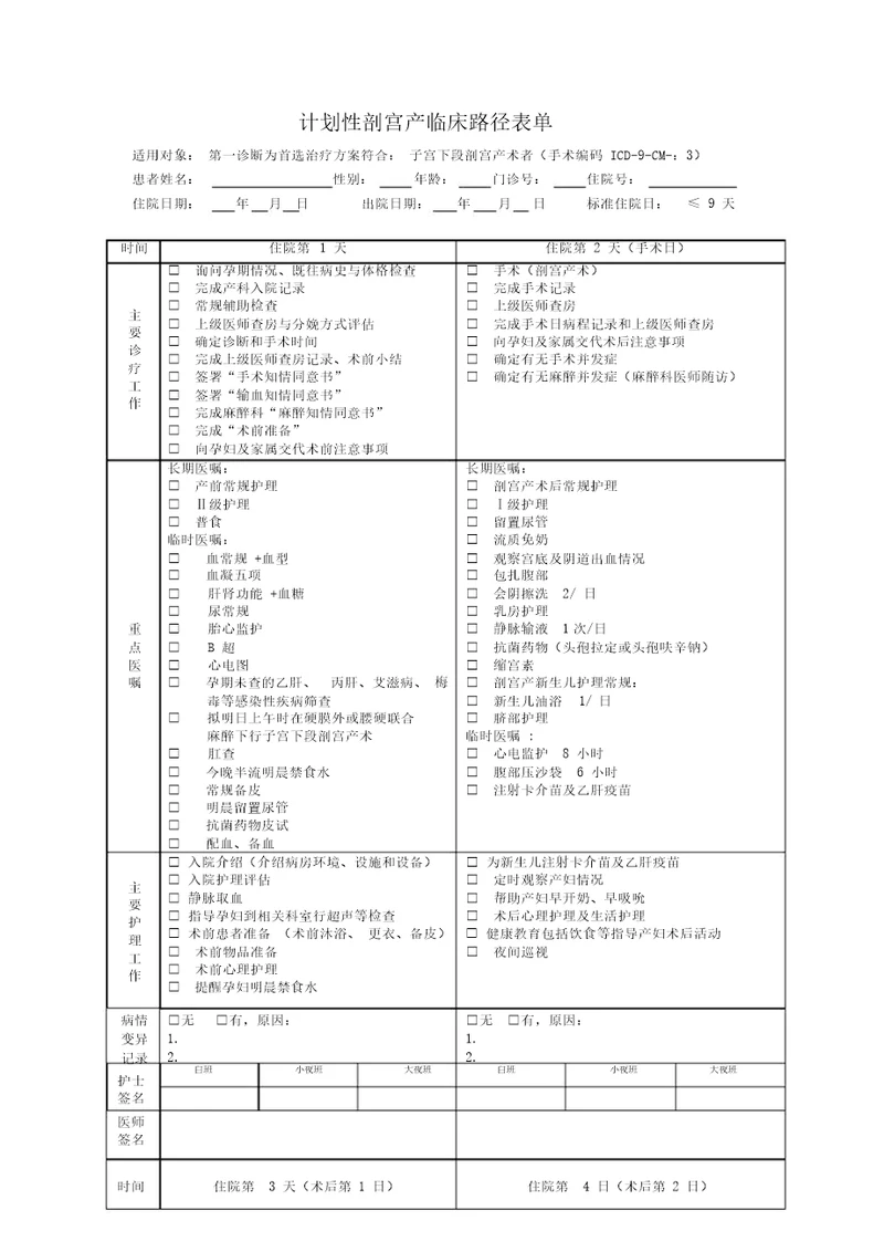 产科计划性剖宫产临床路径临床路径表单最终版