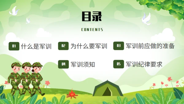 青春在此启程新生军训，绿色迷彩通用PPT模板