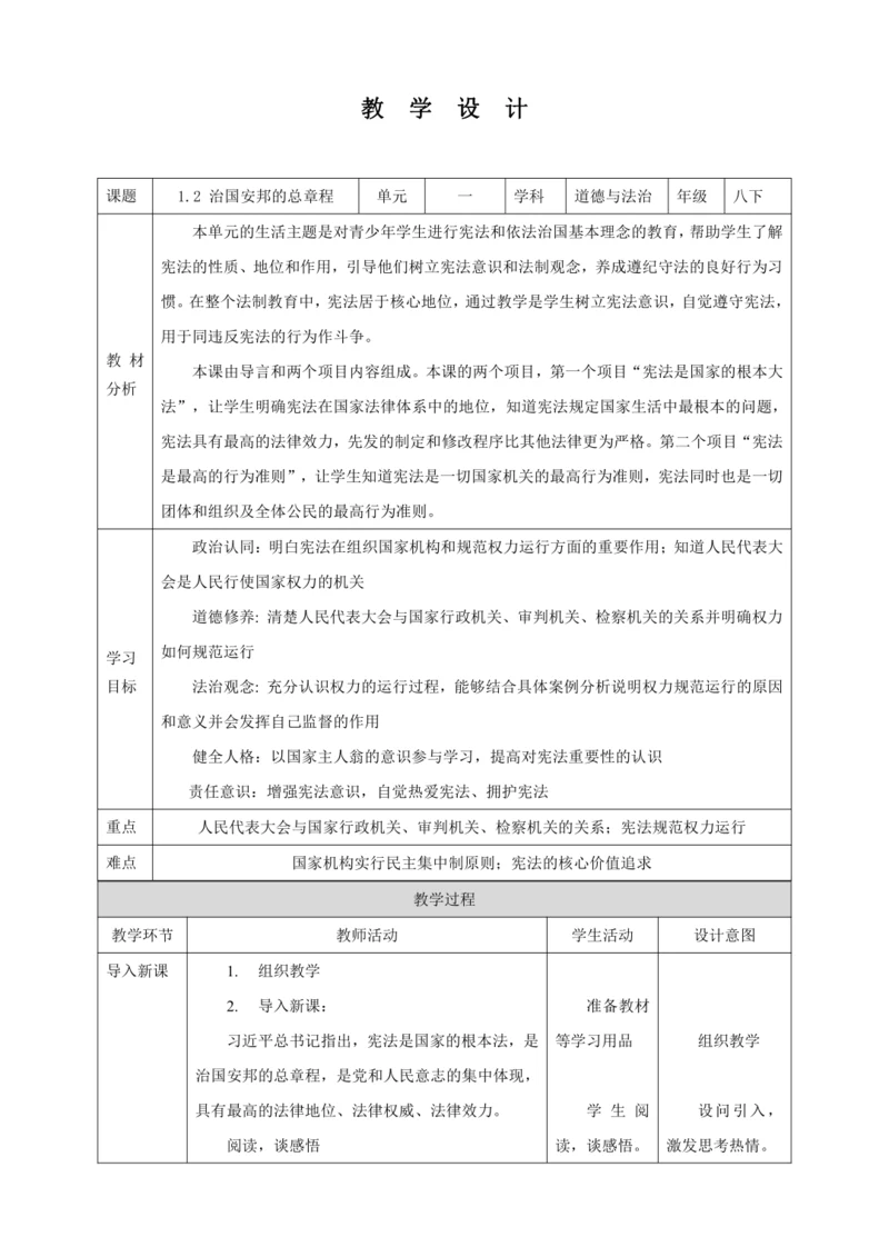 【核心素养目标】1.2 治国安邦的总章程 教学设计（表格式）人教版八年级道德与法治 下册