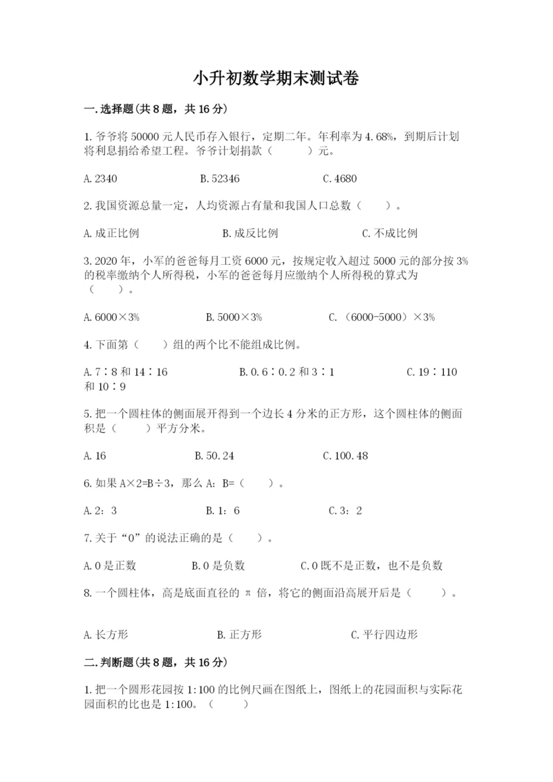 小升初数学期末测试卷（达标题）.docx