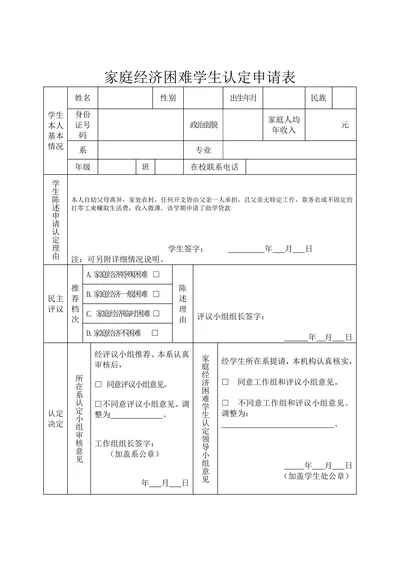 实习实践经济困难学生认定申请表