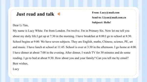 Unit 1 I go to school at 8:00. Lesson 1 - Lesson 2