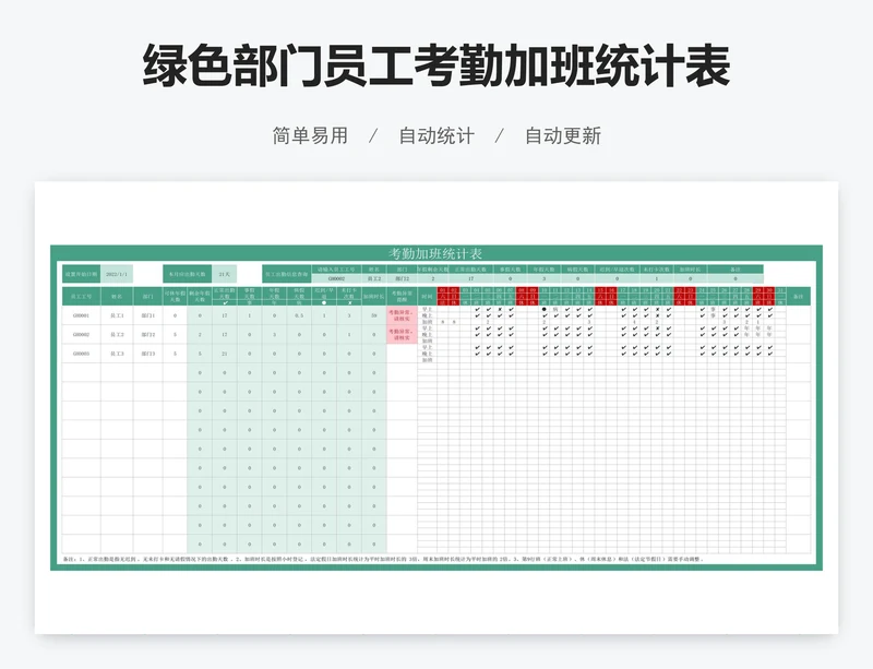 绿色部门员工考勤加班统计表