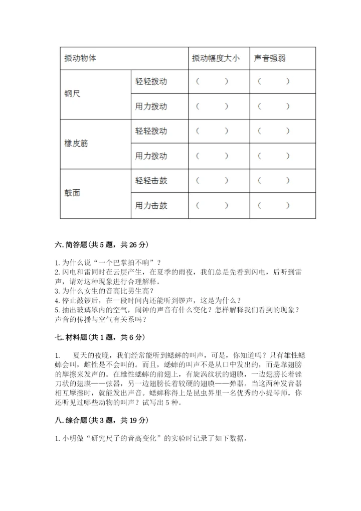 教科版科学四年级上册第一单元声音测试卷汇总.docx