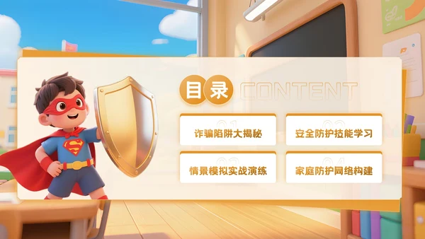 橙色3D卡通风反诈主题班会PPT模板
