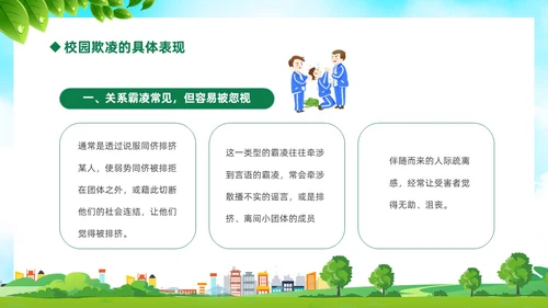 绿色卡通儿童中小学预防校园欺凌校园暴力校园霸凌家长会PPT