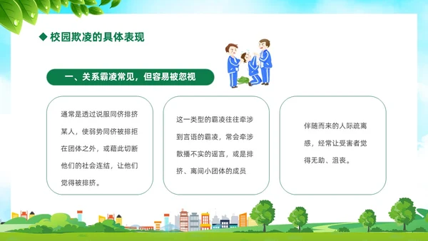 绿色卡通儿童中小学预防校园欺凌校园暴力校园霸凌家长会PPT