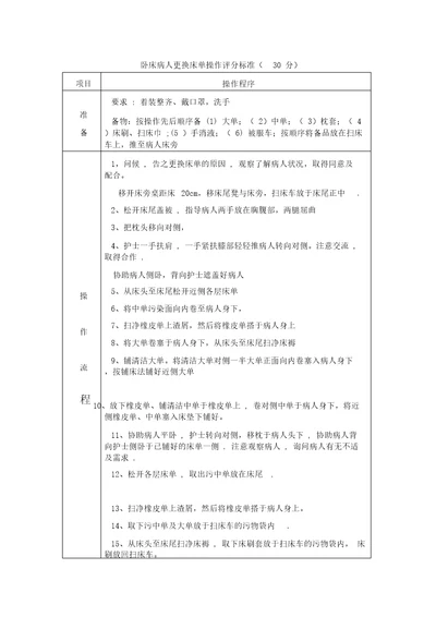 卧床病人更换床单操作评分标准