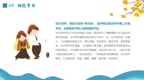 蓝绿色插画维吾尔族少数民族介绍学生PPT