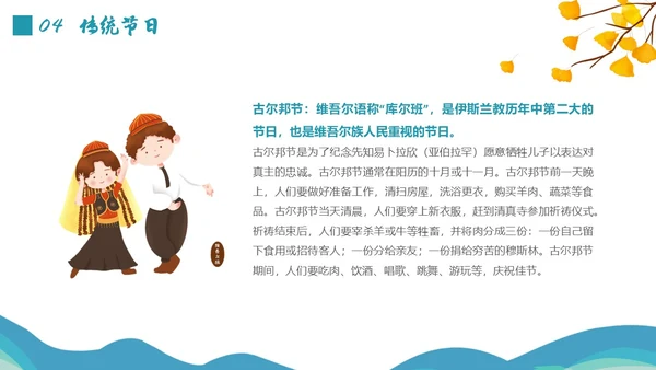 蓝绿色插画维吾尔族少数民族介绍学生PPT
