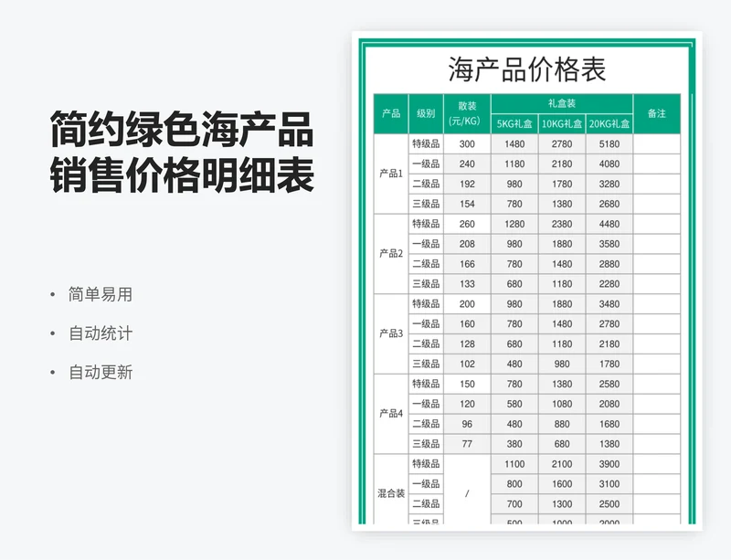 简约绿色海产品销售价格明细表