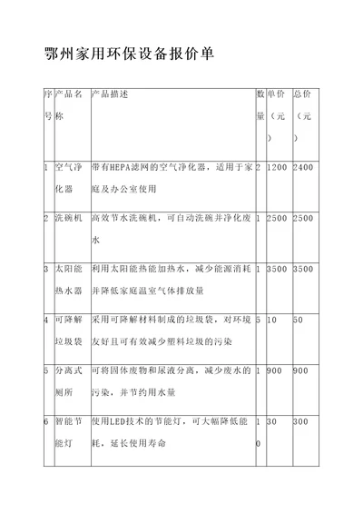 鄂州家用环保设备报价单