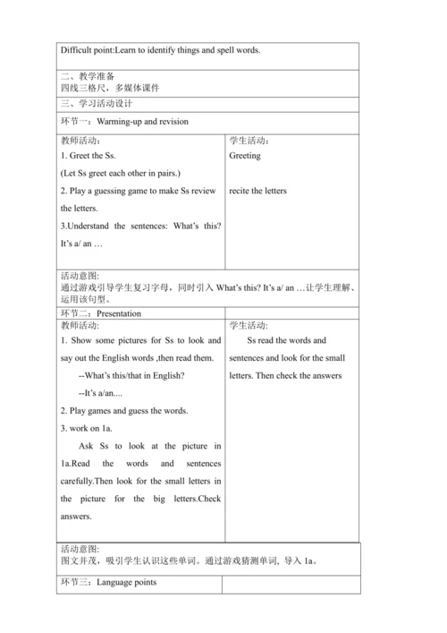 新课改单元整体教学设计人教版七上Stater Unit 2 What's this in Engli