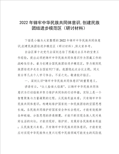 2022年铸牢中华民族共同体意识,创建民族团结进步模范区研讨材料