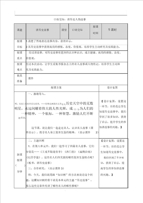 部编版四年级语文上册教案口语交际：讲历史人物故事
