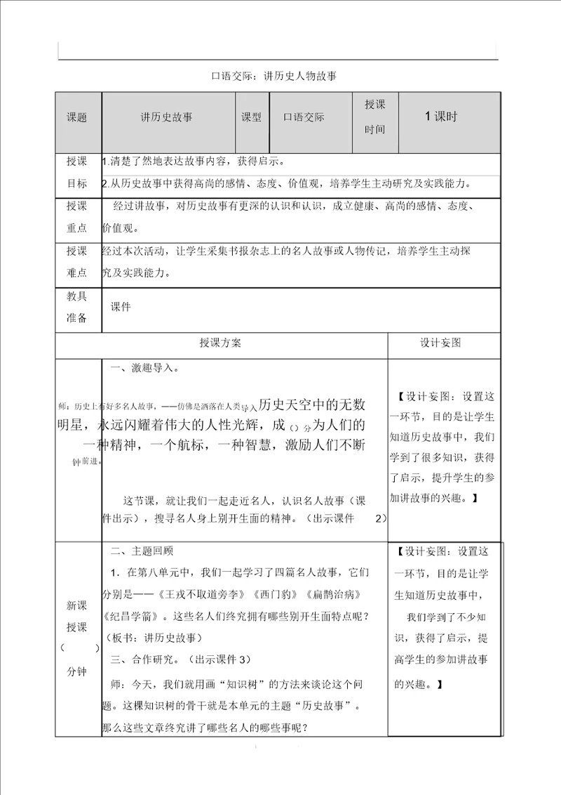 部编版四年级语文上册教案口语交际：讲历史人物故事