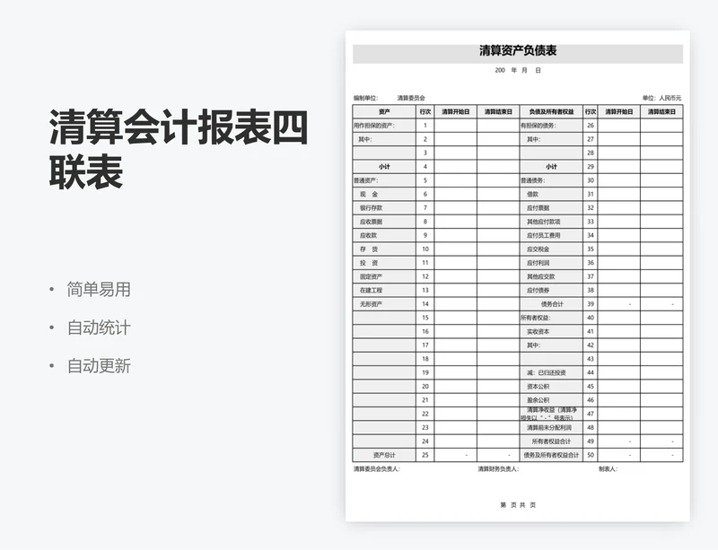 清算会计报表四联表