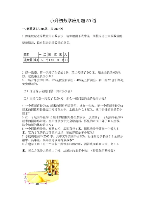 小升初数学应用题50道精品名师推荐