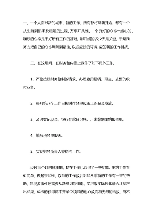 2021年出纳试用期转正工作总结