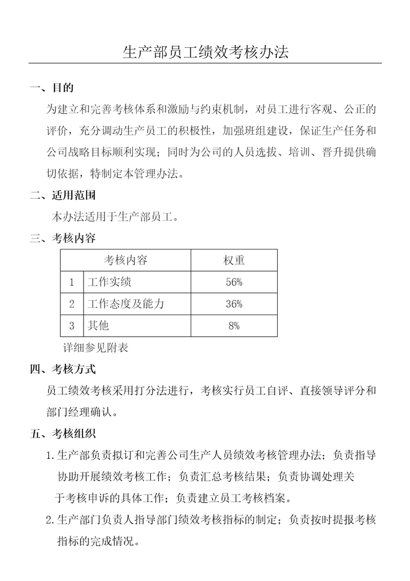 完整生产部绩效考核办法及考核表