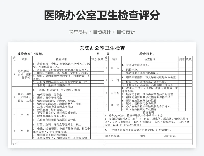 医院办公室卫生检查评分