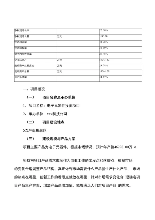 电子元器件投资项目建设申请报告范文