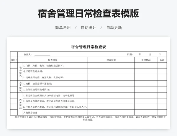 宿舍管理日常检查表模版