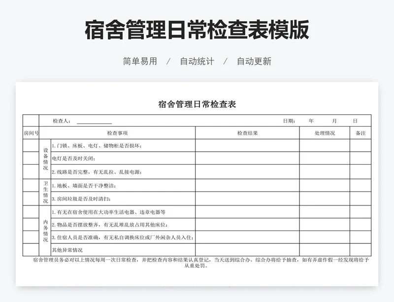 宿舍管理日常检查表模版