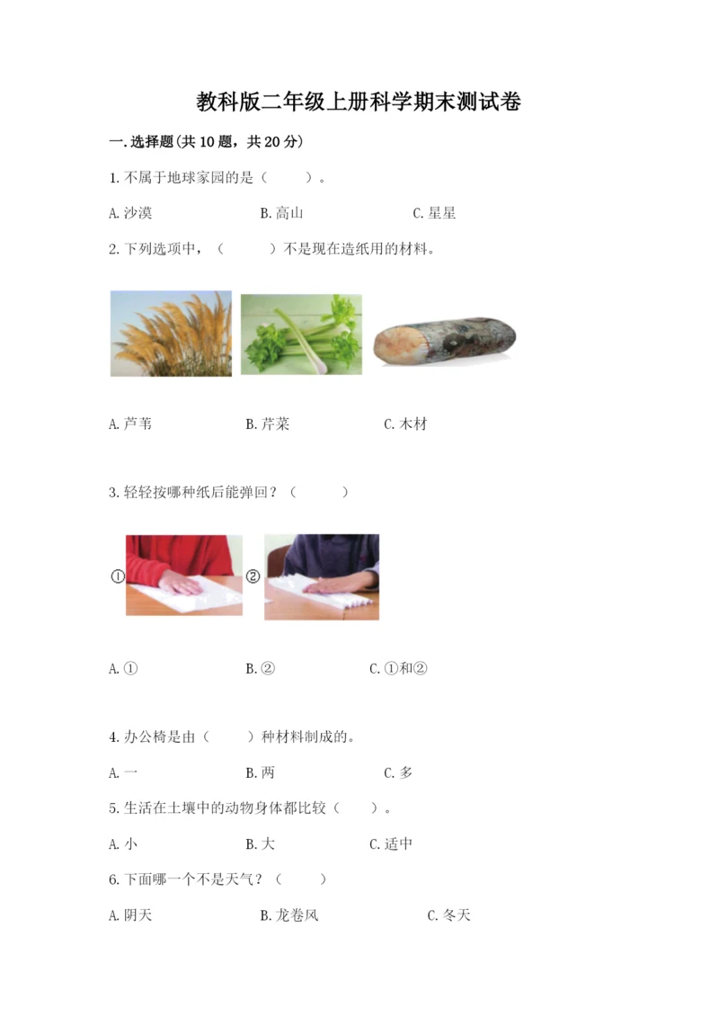 教科版二年级上册科学期末测试卷精品【模拟题】.docx