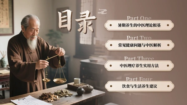 咖色古风中医理疗暑期养生座谈会通用PPT模板