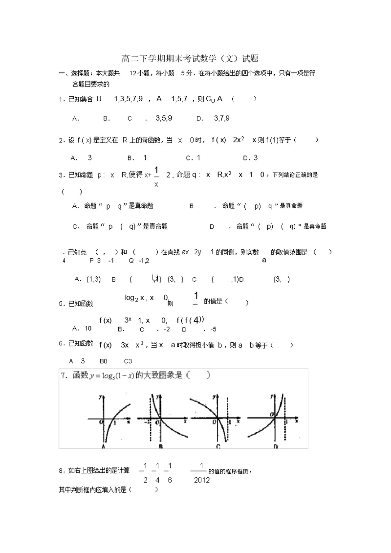 福建省晋江市季延中学2022高二数学下学期期末考试模拟押题文新人教A版