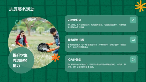 绿色扁平风学生会年度工作亮点总结PPT模板