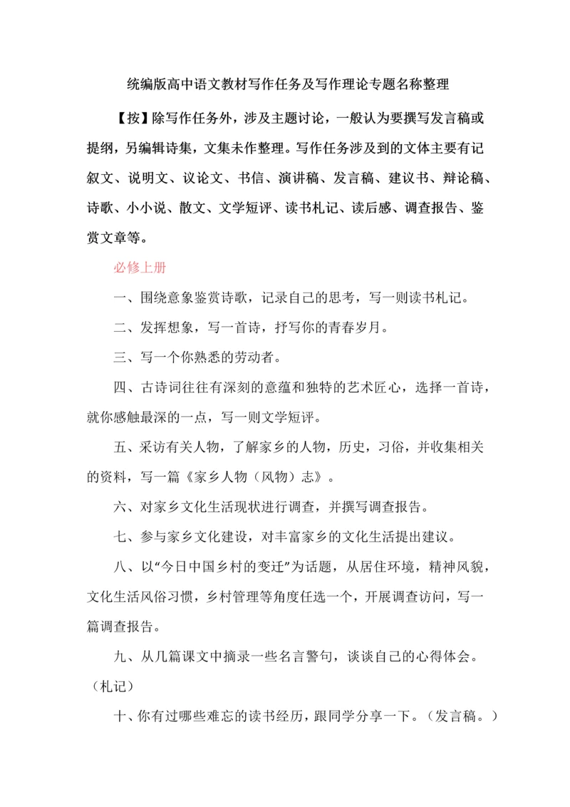 统编版高中语文教材写作任务及写作理论专题名称整理.docx