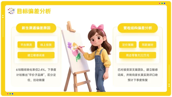 黄色卡通风美术培训机构季度营销复盘报告PPT模板