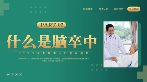 绿色简约世界卒中日重在预防PPT模板宣传PPT动态PPT