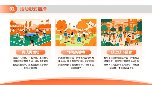橙色扁平插画风社区体育活动策划与居民参与PPT模板