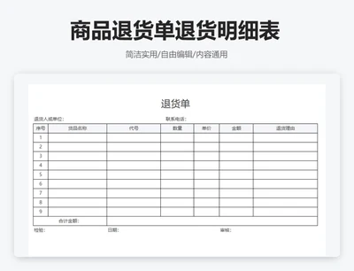 通用商品退货单退货明细表